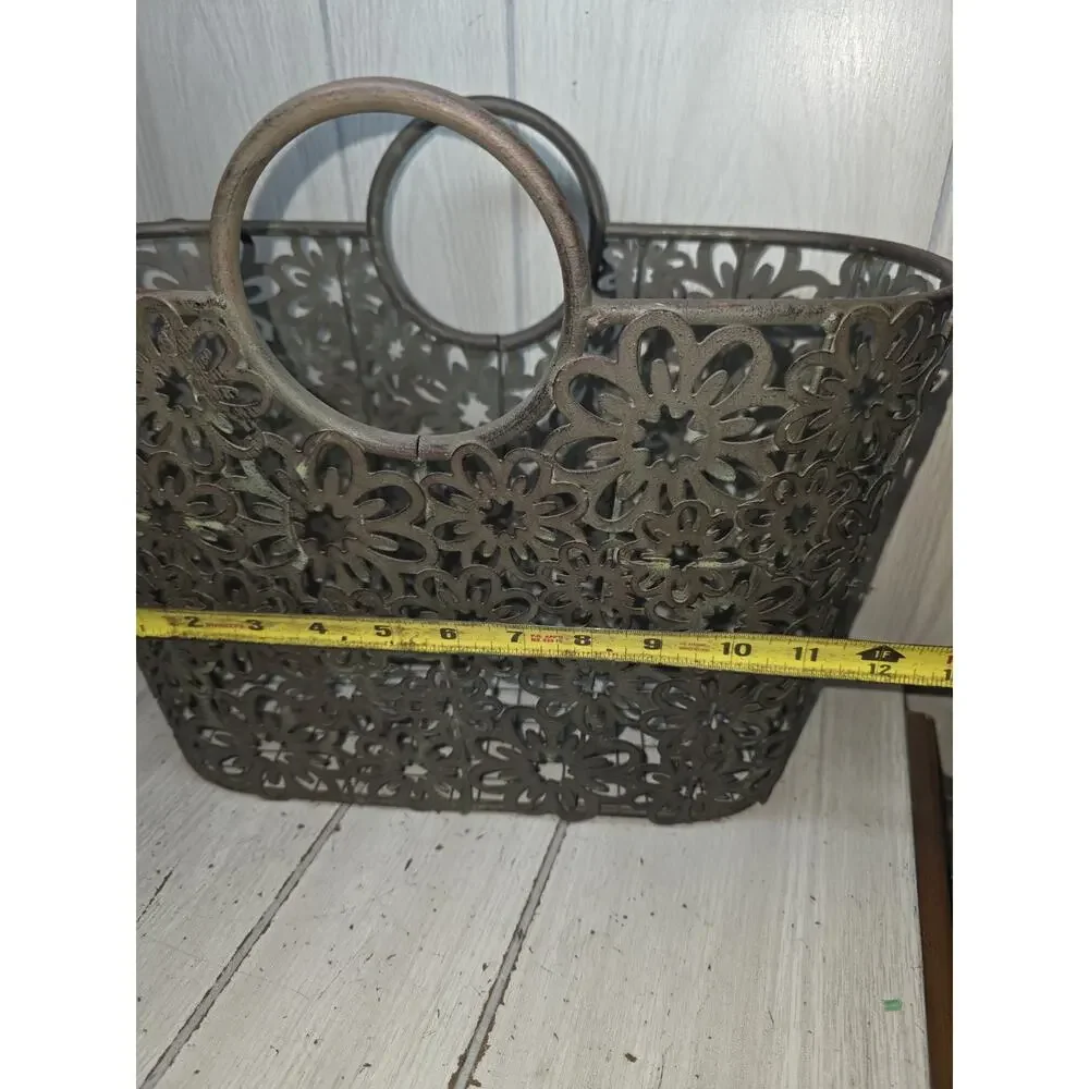 Vtg Large Floral Metal Basket Bin Magazine Rack Towel Display Bathroom Decor